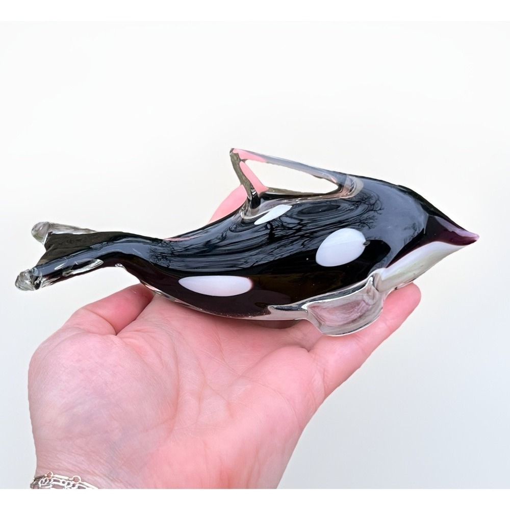 Sea World Glass Orca Killer‎ Whale Figurine Black White Art Glass MCM